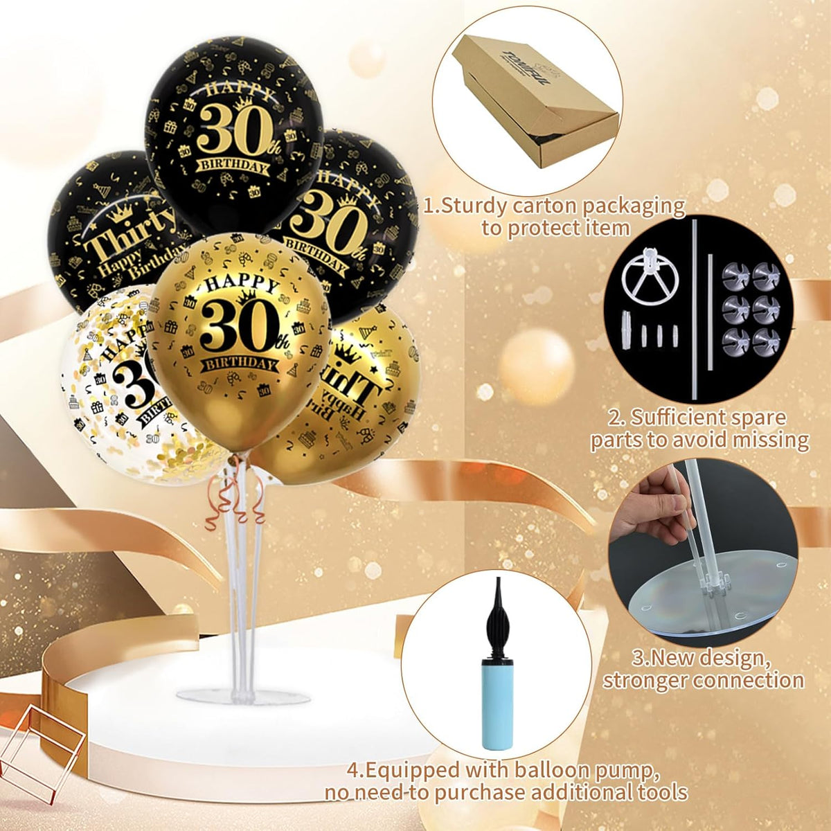 TONIFUL 4 Set Black Gold Balloon Stand Kit for Birthday Decorations for 30th,Balloon Centerpieces
