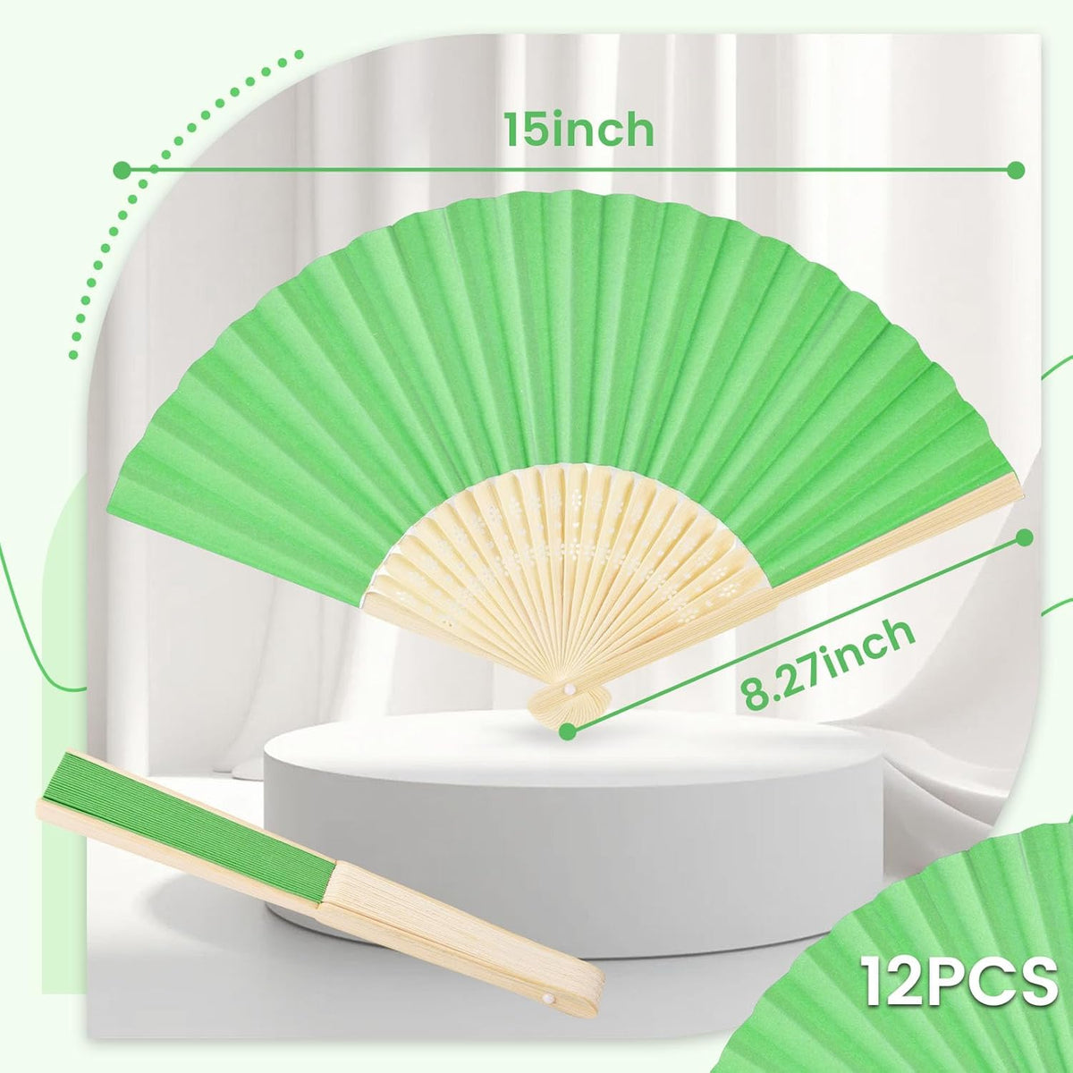 JOHOUSE 12PCS Foldable Hand Fan, 8.3 Inch Green Paper Fans for Woodland Baby Shower Decorations
