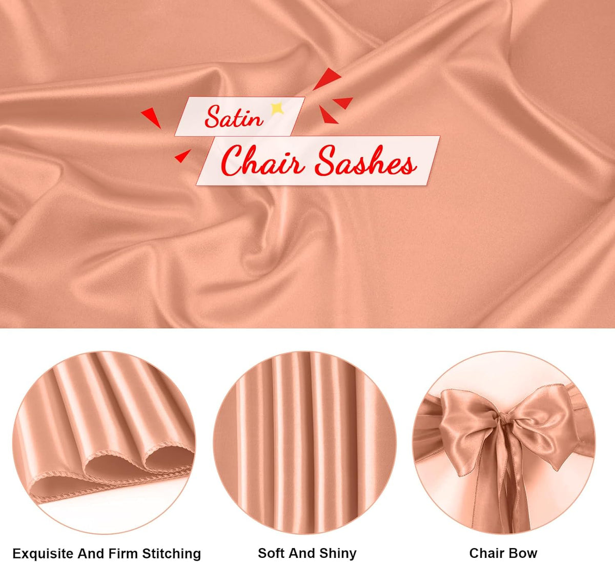 10 PCS Rose Gold Satin Chair Sashes Bows Universal Chair Ribbon Ties Back Sash for Wedding Party