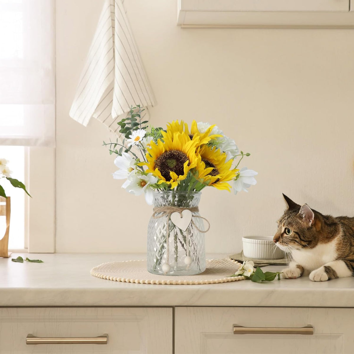 Artificial Sunflower Bouquets in Vase with a Flower Arrangement Holder - Centerpieces for Dining