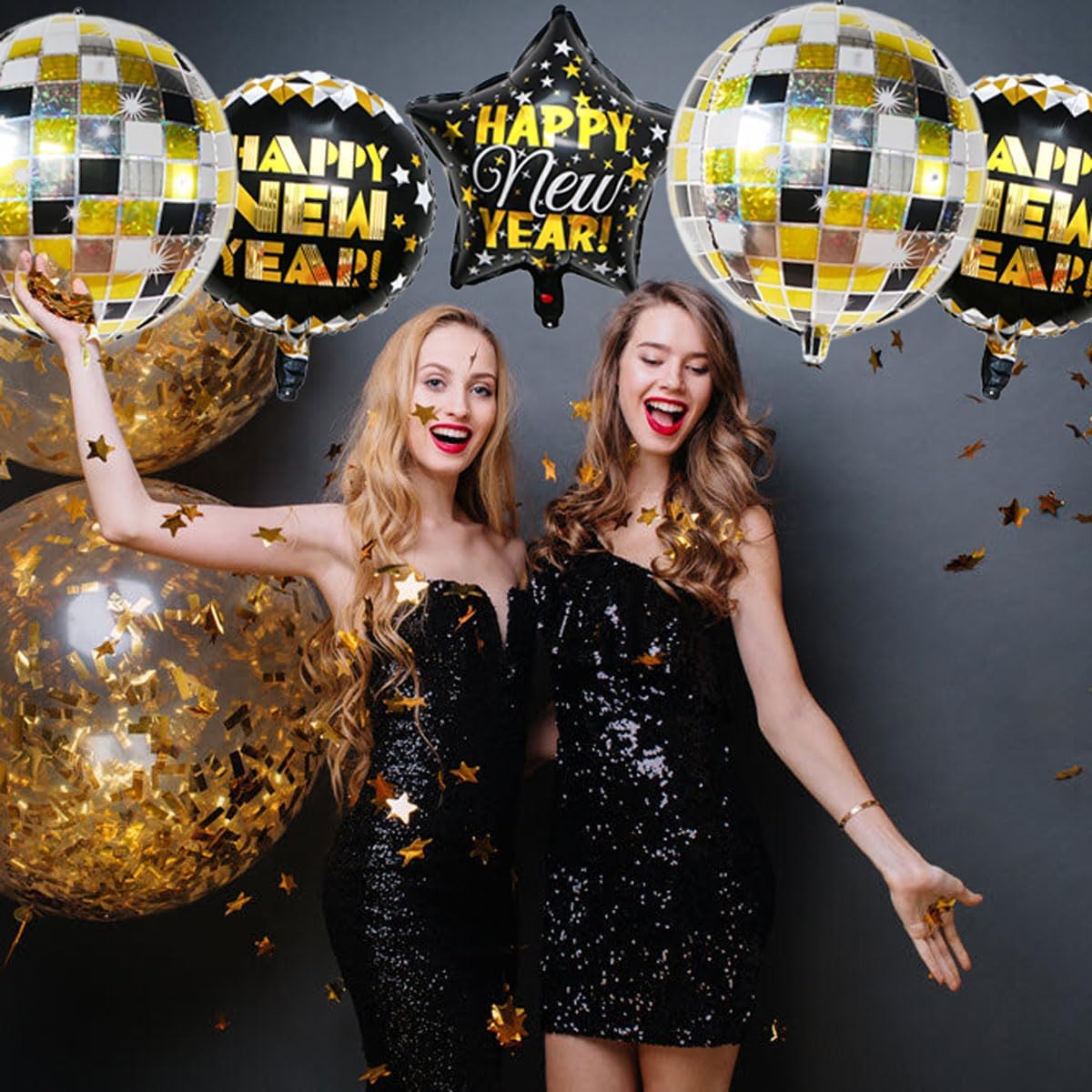 Happy New Year Balloons, 8pcs (2x22" Disco, 2x18" Round, 2x18" Star) - Black & Gold, Reusable