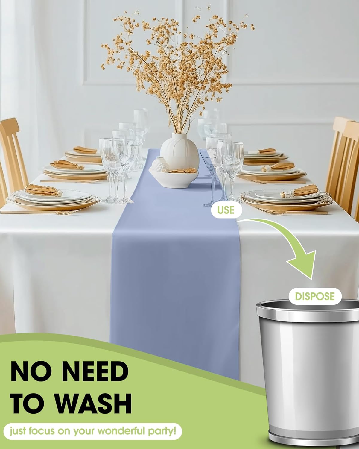 Pureegg Dusty Blue Plastic Table Runners - 10 Pack, 14'' x 108'', Water Resistant & Disposable