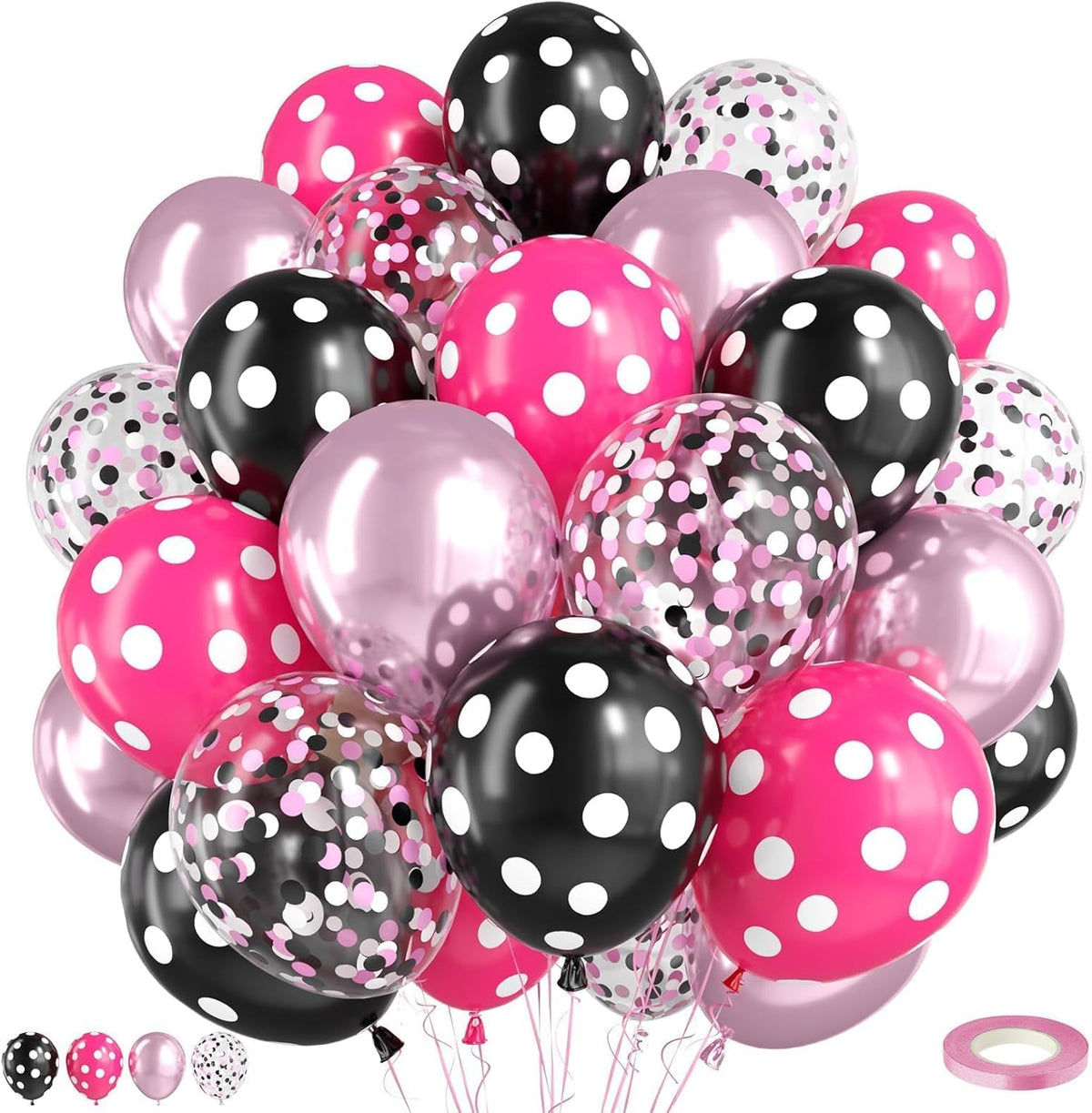 Pink and Black Balloons,50Pcs 12 Inch Hot Pink White Black Dots Metallic Pink Latex Balloons,for