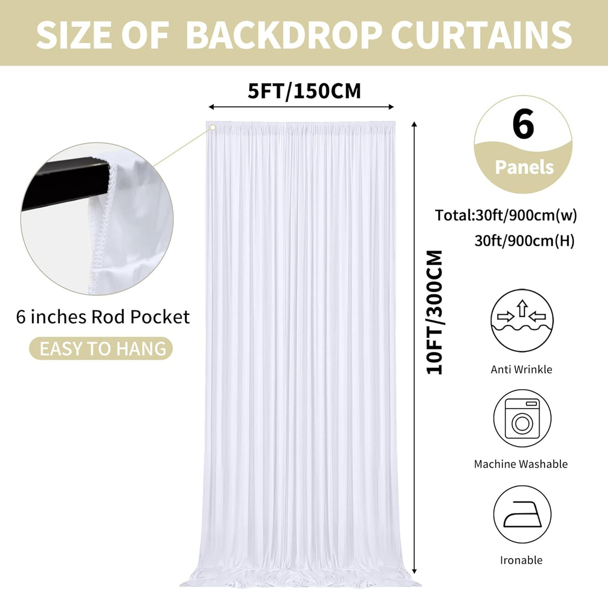 30x10ft Backdrop Curtains for Parties, 6 Panels 5x10ft Photography Backdrop Curtain with Rod