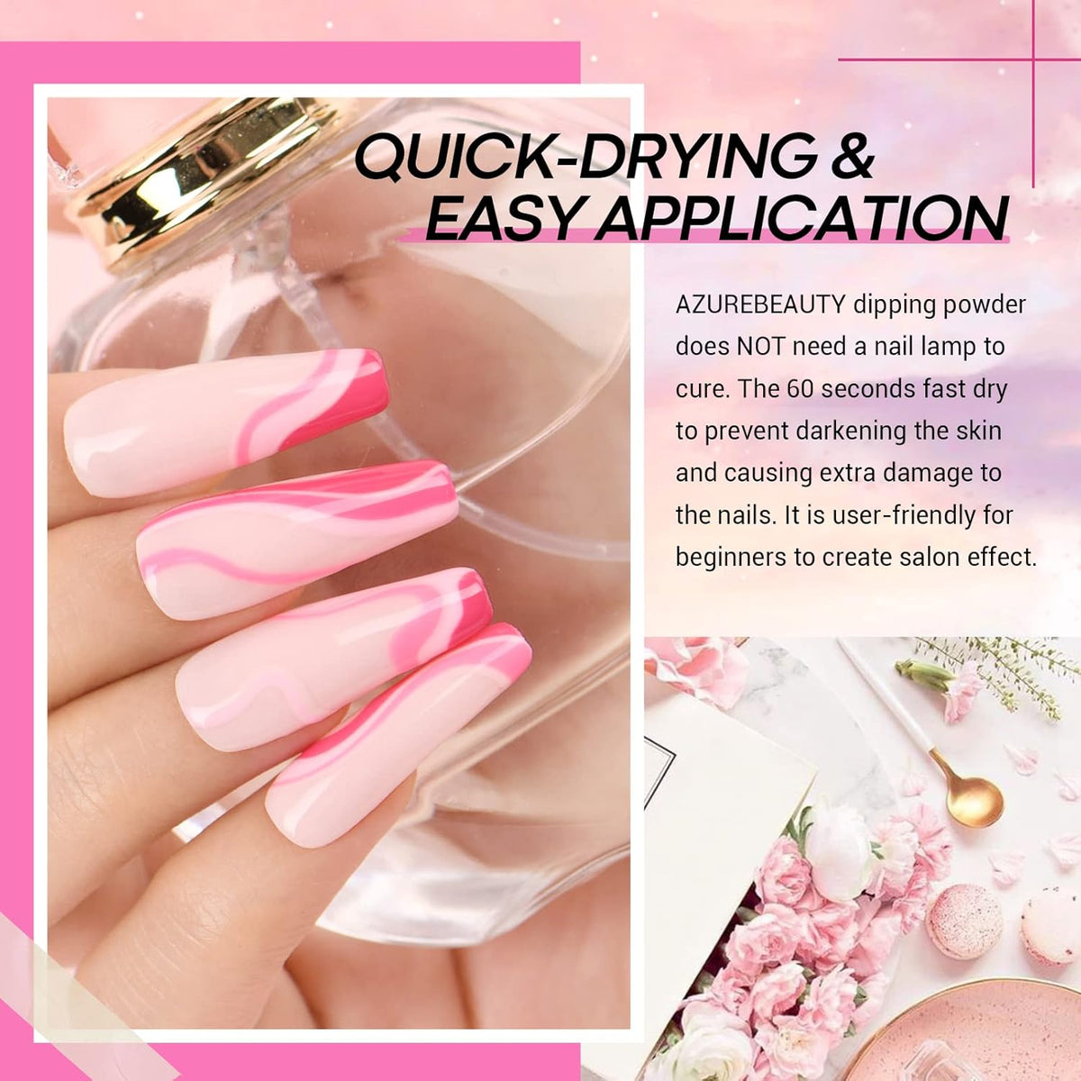 AZUREBEAUTY Pink Dip Powder Nail Set, 6 Colors Light Hot Pink Cherry Blossom Shades Dipping Powder