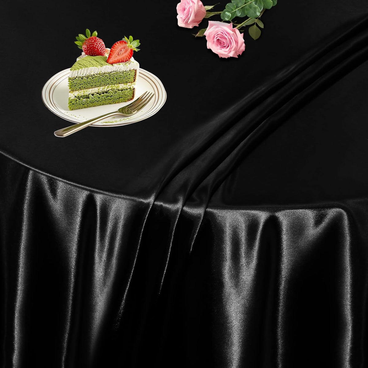 KKJIAF 1 Pack 60 Inch / 5ft Round Table Cloth, Black Overlay Round Satin Table Cover, Silky Satin