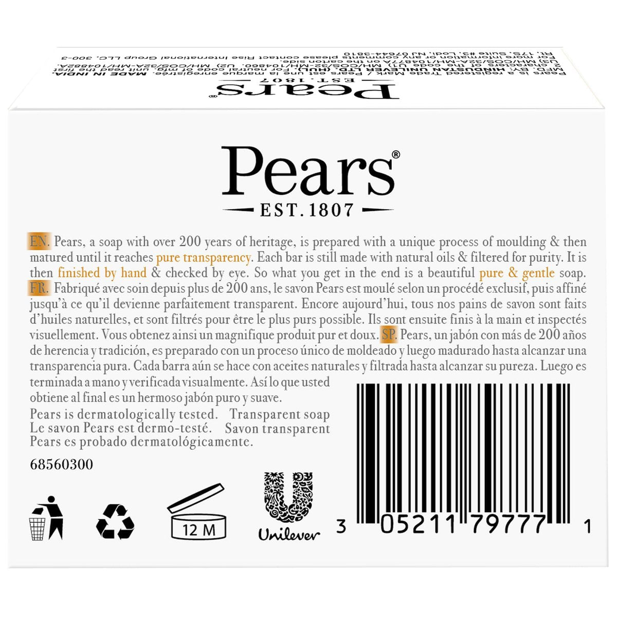 Pears Glycerin Soap, Transparent Amber with Natural Oils, 3-Pack – Pure & Gentle Cleanser for Soft