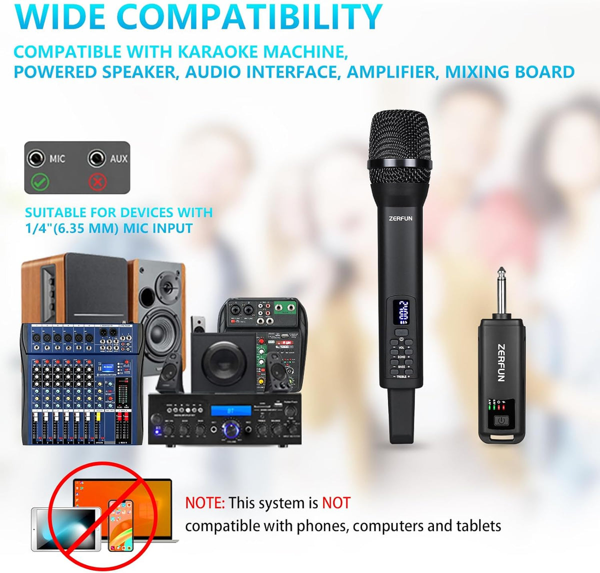 Rechargeable Wireless Microphone, Pro Handheld Cordless Mic System with Echo Treble BASS VOL
