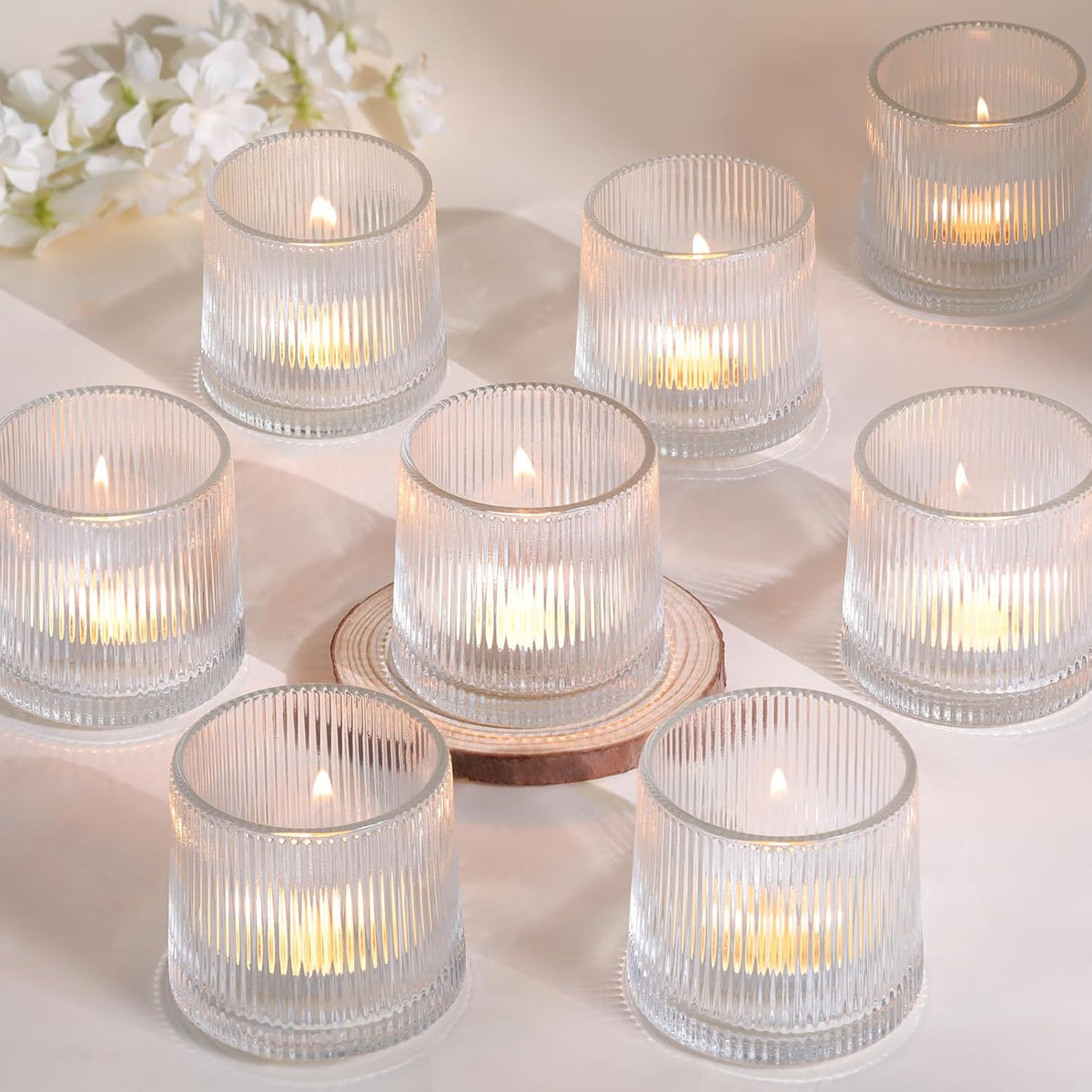 DARJEN Clear Ribbed Tealight Votive Candle Holders Set of 10- Tea Light Candle Holder Glass for