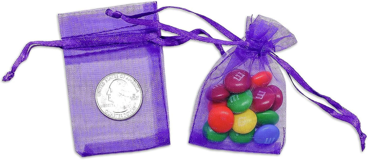 TheDisplayGuys 100-Pack XS 2 x 2 3/4" Purple Sheer Organza Gift Bags with Drawstring, Jewelry Candy
