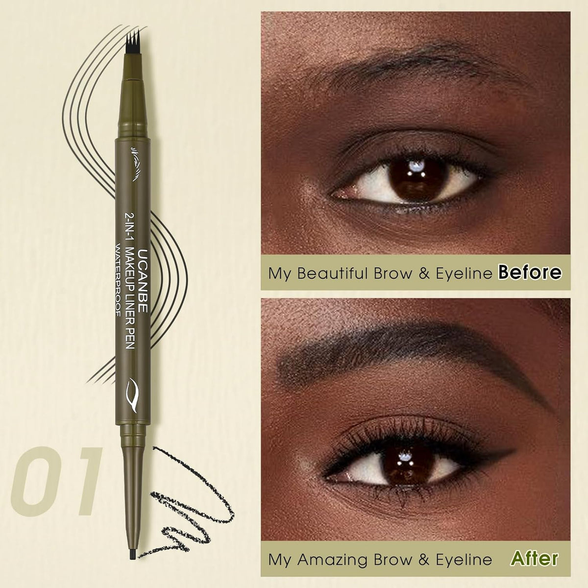 UCANBE Eyebrow Pen, Dual-Ended Eyebrow Pencil with 4-Fork-Tip & Gel Eyeliner for Women, Eye Brow