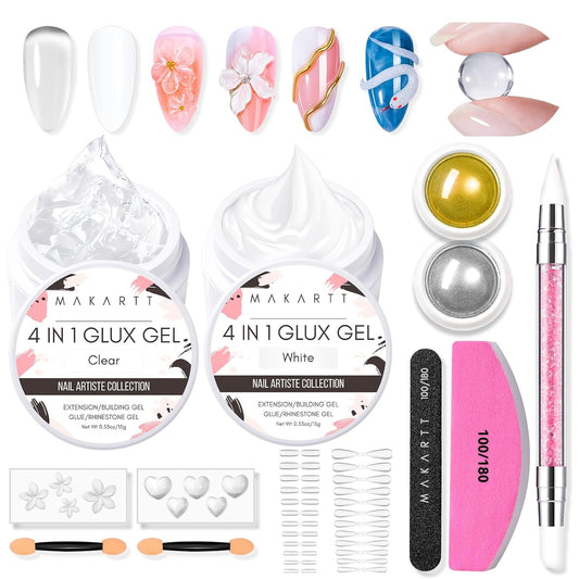 Makartt 3D Gel Nail Art for Nails Starter Kit: Clear and White for Extension Solid Gel Builder DIY