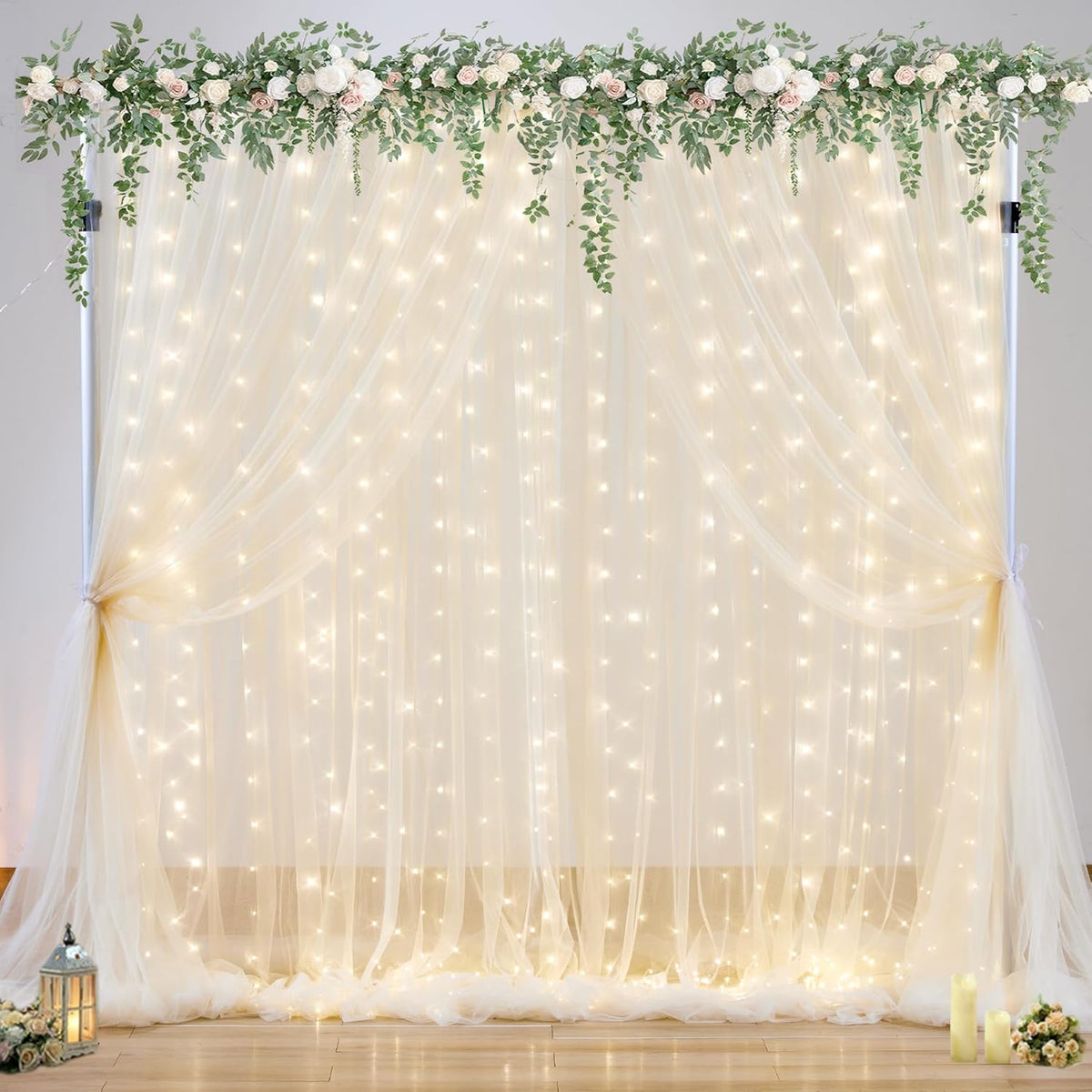10ft x 10ft Champagne Tulle Backdrop Curtain with Lights String for Parties Wedding Bridal Shower