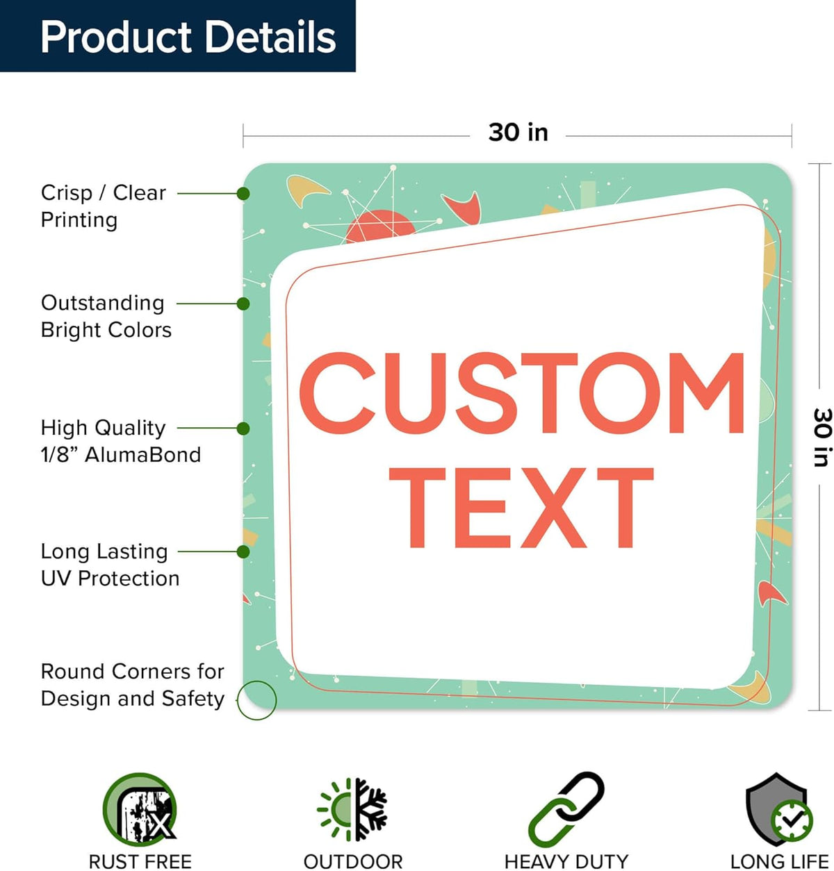 Custom Sign, Custom Street Sign, 11 Font Colors, 13 Font Styles, 4 Hole Options, 22 Sizes, 30x30