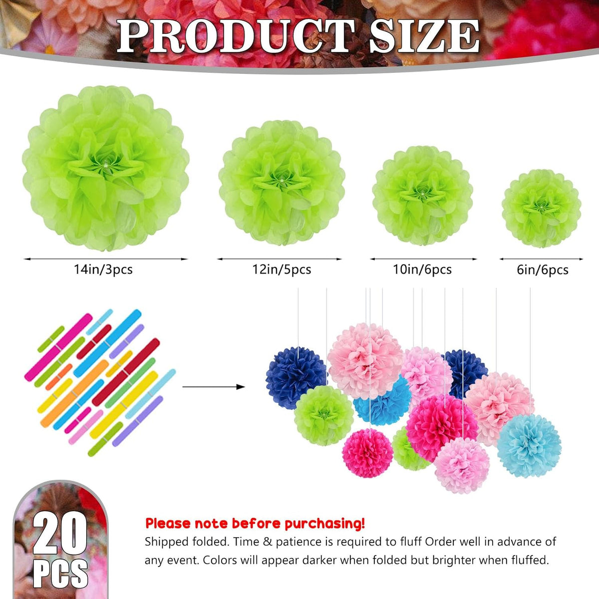 Tissue Paper Pom Poms, Bright Green Tissue Paper Flowers, Hanging Flower Balls for Weddings Fiesta