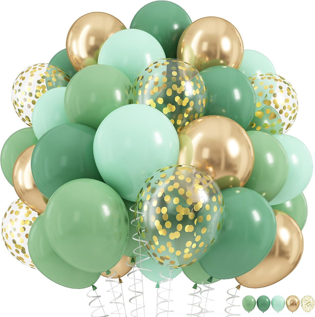 Sage Green Balloons Set, 60Pcs 12 Inch Olive Macaron Pastel Green Balloons with Metallic Confetti