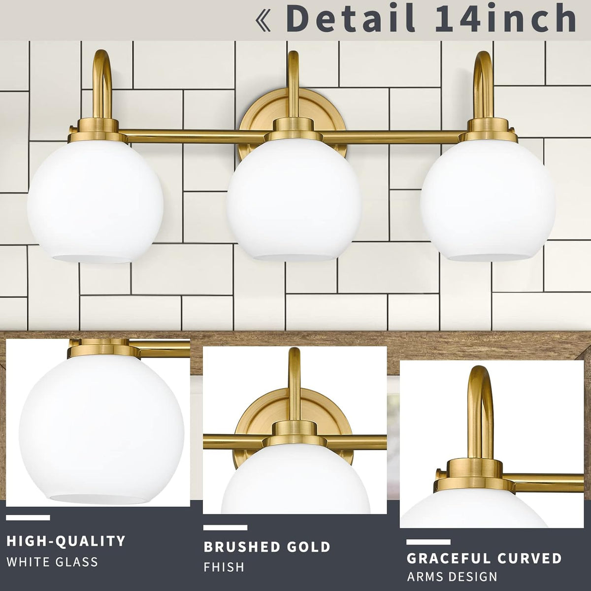 Gold Bathroom Light Fixtures, 3 Light Gold Modern Bathroom Light Fixtures Over Mirror with White