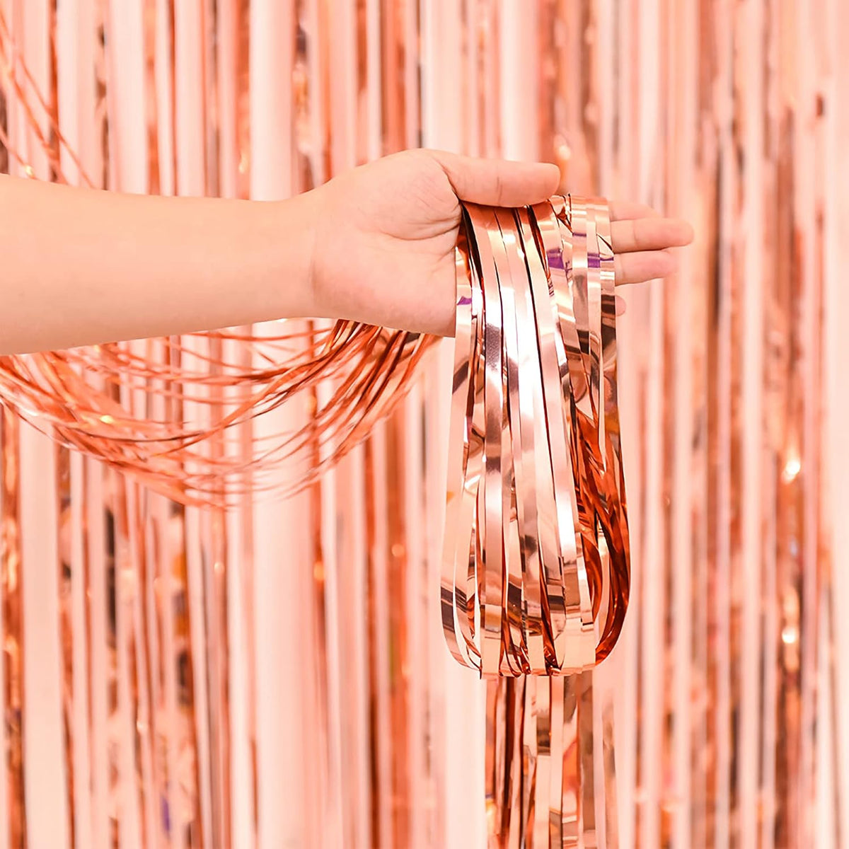 2 Pcs Rose Gold Metallic Tinsel Foil Fringe Curtains Backdrop, 3.28 ft x 6.56 ft Streamers for