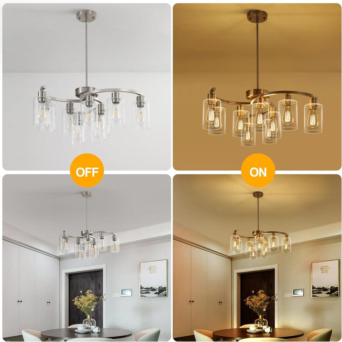 9-Light Brushed Nickel Glass Chandelier, Adjustable Height Hanging Industrial Dining Room