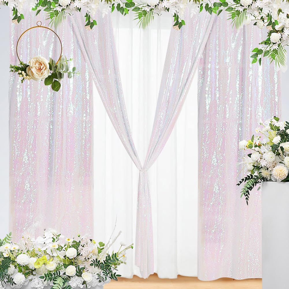 Eternal Beauty Sequin Backdrop Curtains, 2x8 Ft-2 Panels White Iridescent Back Drop for Shimmer