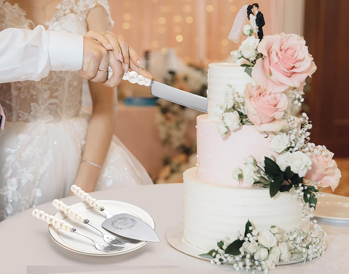 Wedding Cake Knife and Server Set,Ceramic Pearl Handle Cake Cutting Set for Weddings, Engagements