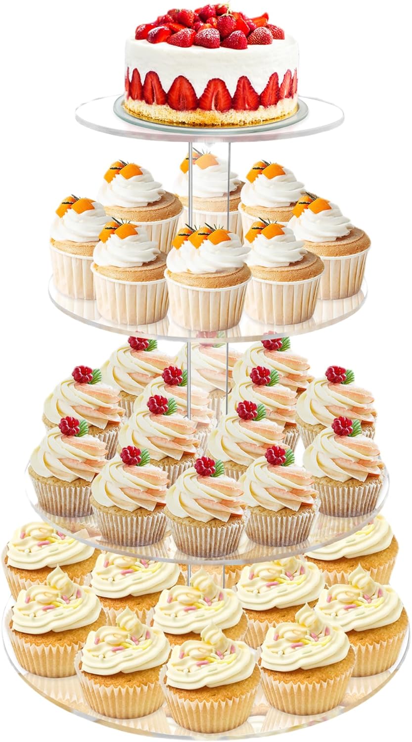 Cupcake Stand, 4 Tier Cupcake Stand for 50 Cupcakes, Round Tiered Cupcake Tower, Clear Acrylic