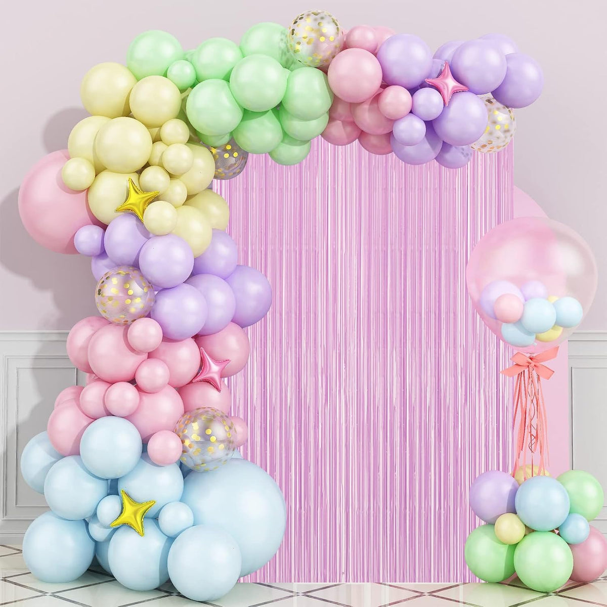 2 Pack Pastel Purple Foil Fringe Backdrop Curtains, Tinsel Streamers Birthday Party Decorations for