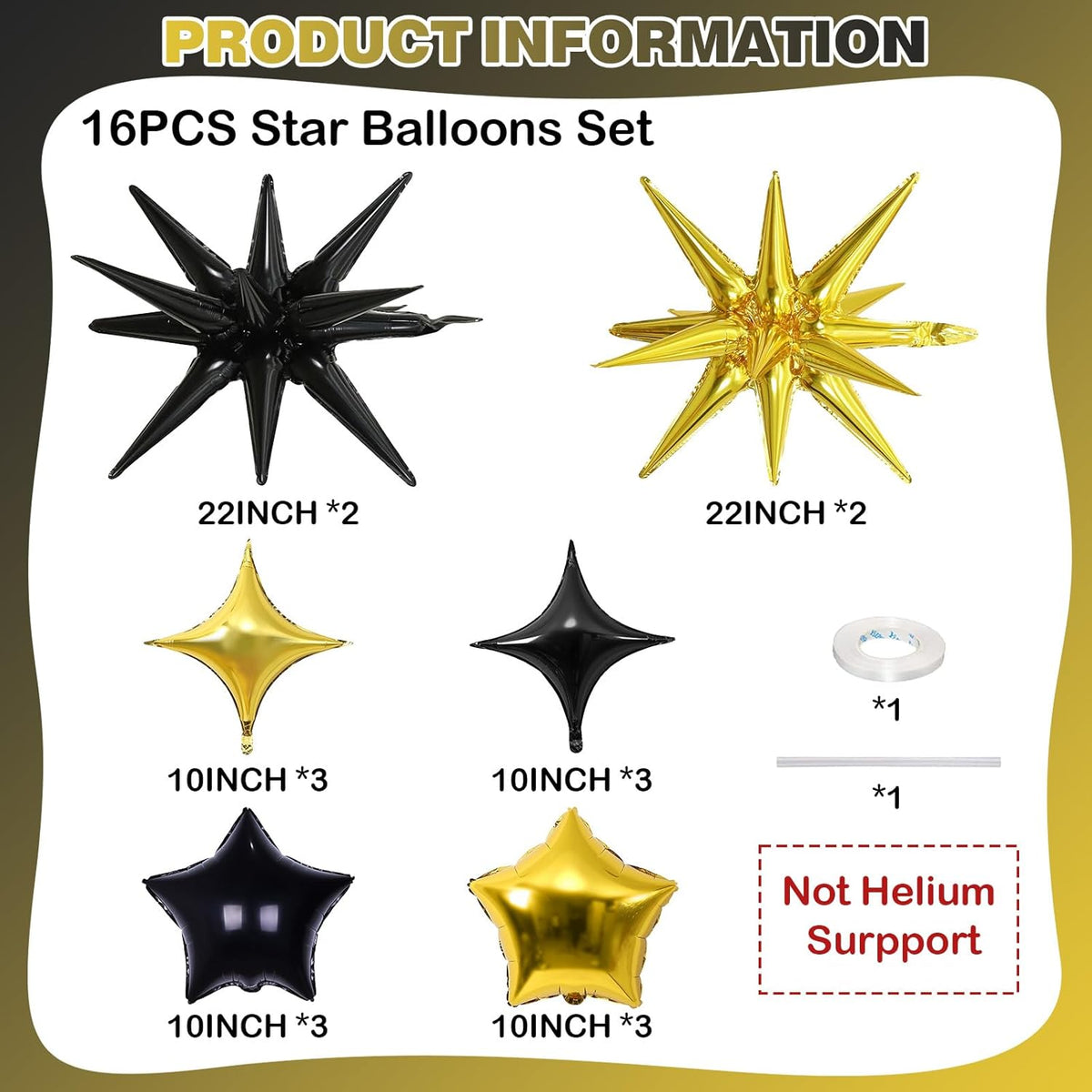 Black and Gold Star Balloons, 22in Large Star Balloons Foil 10in 4-Pointed & Pentagram Balloon for