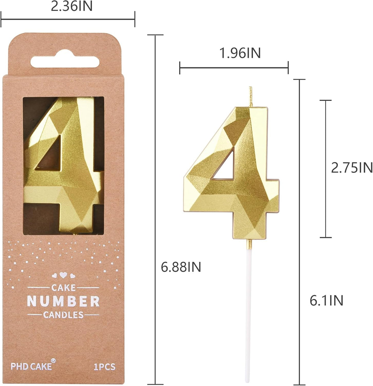 PHD CAKE 2.76 Inch Crystal Gold 4 Number Birthday Candles, Gold Number Candles, Cake Number