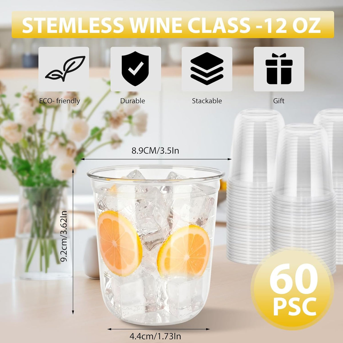 60 Pcs Disposable Stemless Clear Glasses 12 oz NATURAL Arc Crystal Plastic wine glasses Clear