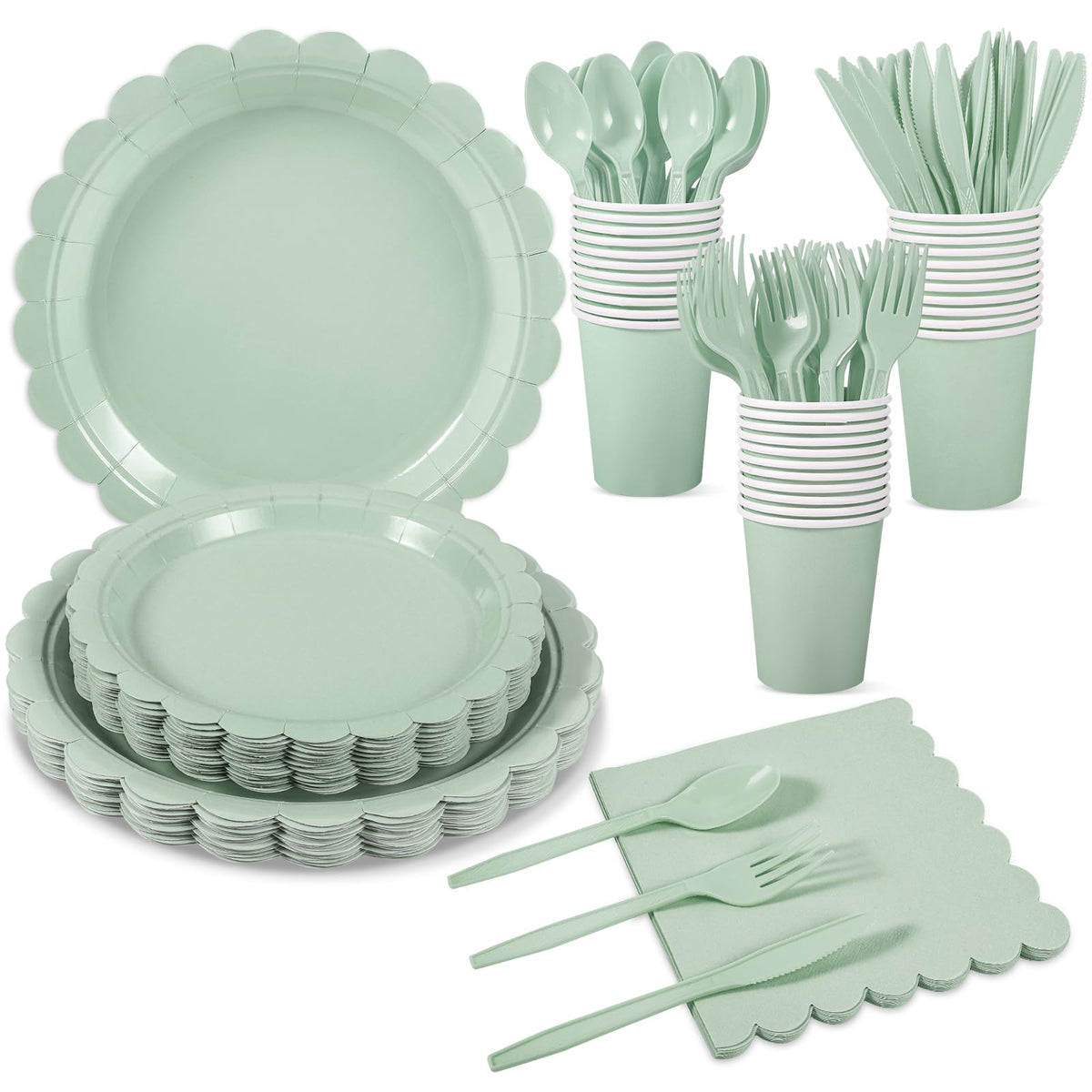 Xiangqu Party Plates and Cups and Napkins, 25 Set Sage Green Dinnerware