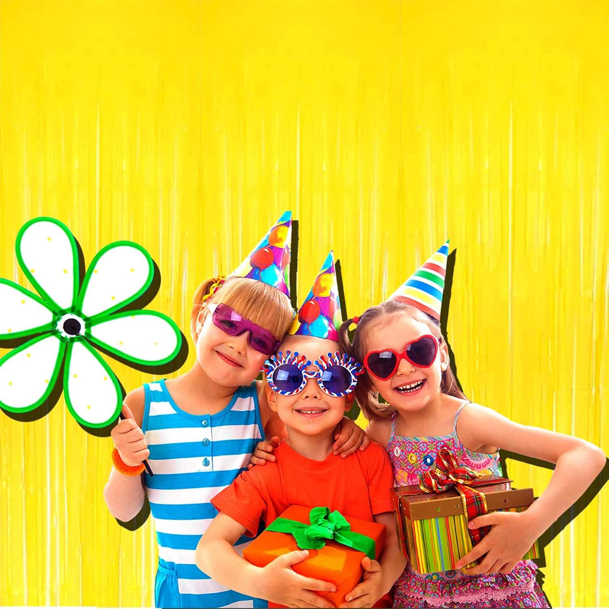 Pack Yellow Foil Fringe Curtain Backdrop 3.3Ft x 9.8Ft Metallic Tinsel Foil Fringe Streamers
