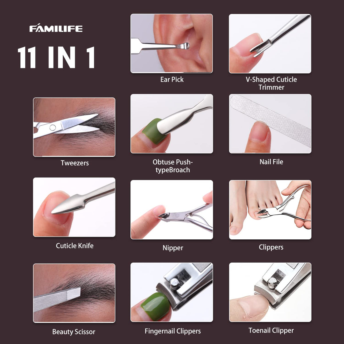 FAMILIFE Manicure Set, Nail Clippers Set Professional Manicure Kit 11 in 1 Stainless Steel Pedicure
