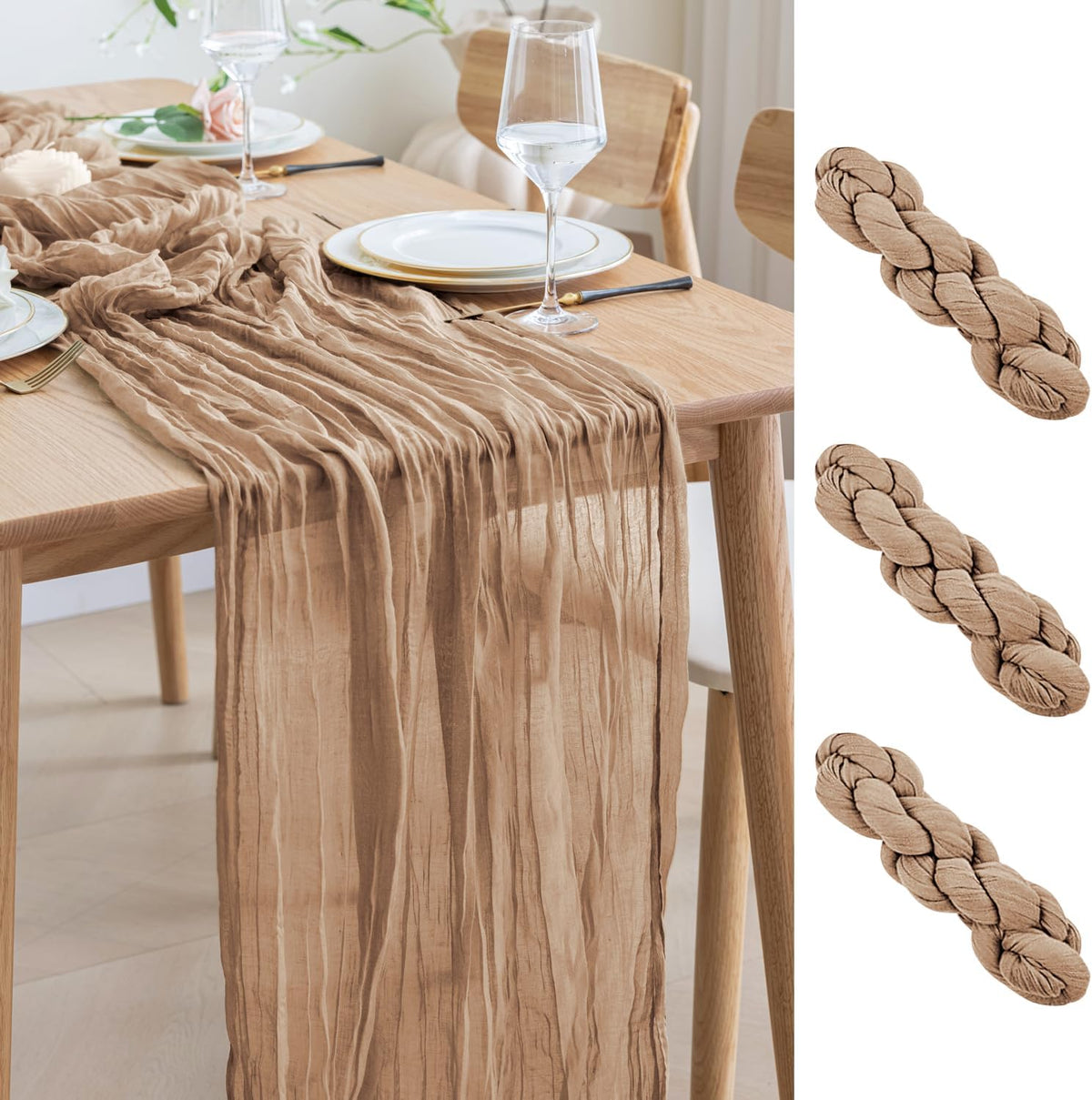 Asee'm 3pcs Cheesecloth Table Runner 120 Inches Long Nude Boho Gauze Cheese Cloth Runner 10FT