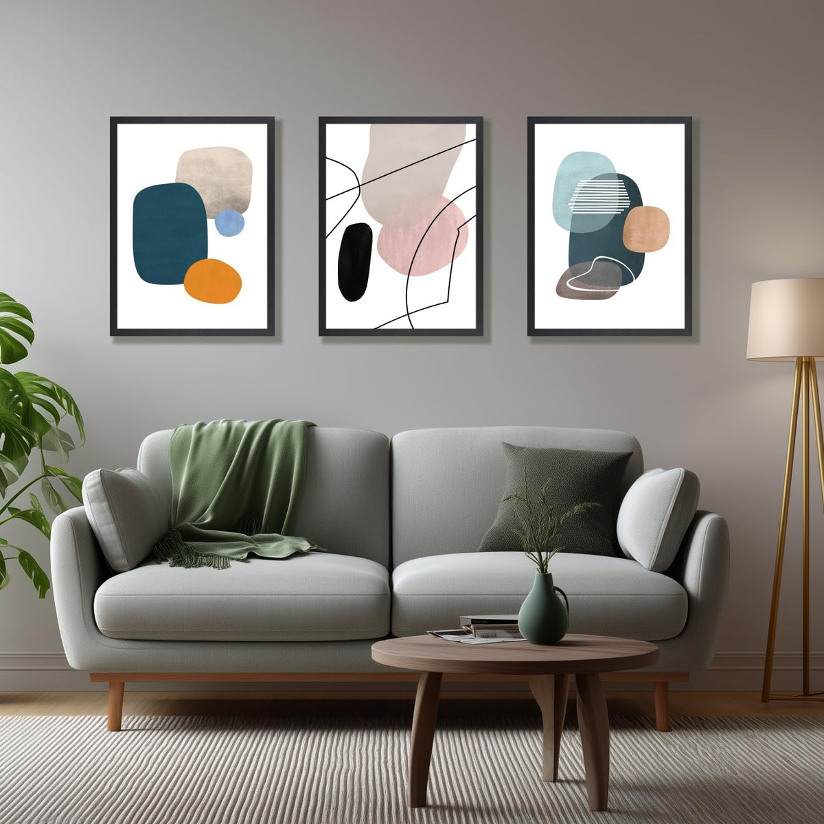 IAFWZX Wood Framed Abstract Geometric Wall Art, Orange Blue Beige Color Block Wall Decor, Modern