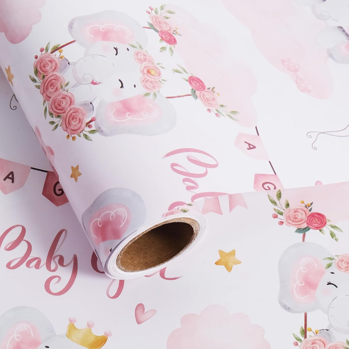 Aimyoo Pink Baby Shower Wrapping Paper Roll - 17 Inch X 16.5 Feet - Cute Elephant with Baby Girl