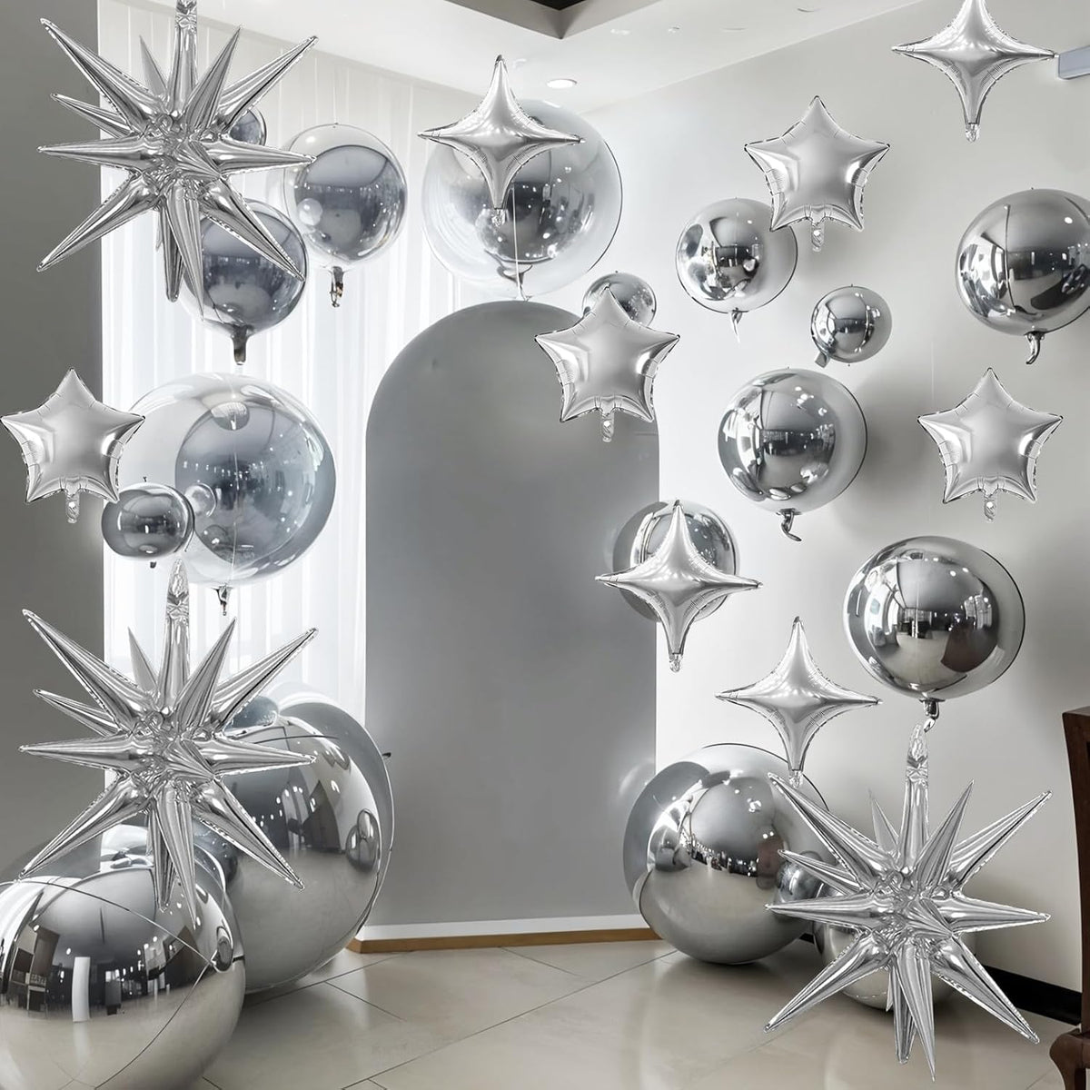 Silver Star Balloon,16Pcs Star Foil Balloons Set with 22Inch Explosion Spike Cone Balloons and