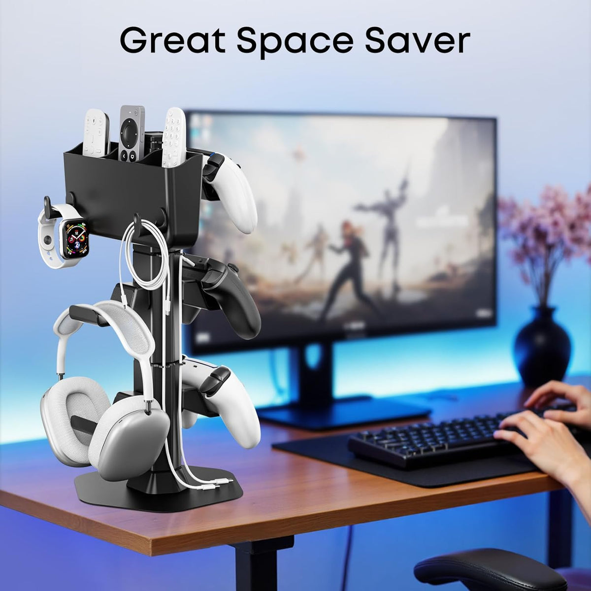 Controller Holder with Remote Control Storage Box, Headset and Controller Stand for Desk, Headphone