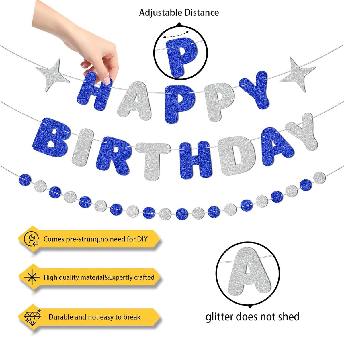 Royal Blue and Silver Happy Birthday Banner-Happy Birthday Decorations for Boys Men,Glitter Garland
