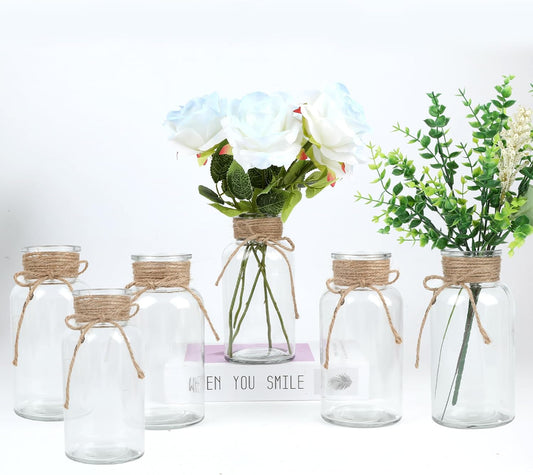 Vintage Glass Flower Vase，6 Pack FarmhouseTransparent White Glass Centerpiece Vases Mason Jars for