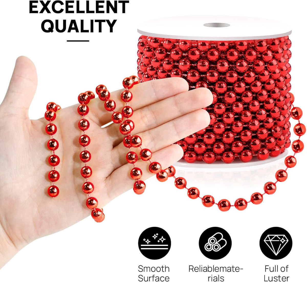Red 8MM Faux Pearl Garland, 33 Feet Roll Strand Wedding Party Decoration, Christmas Tree Decorations