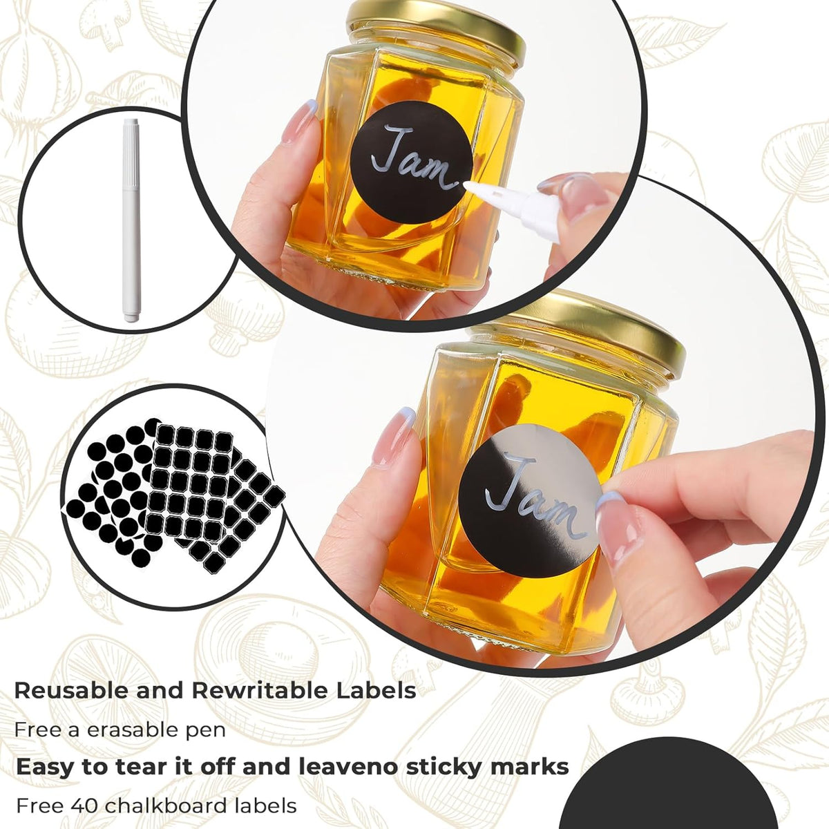 9 oz Hexagon Glass Jars with Gold Lids, 20 Pcs Canning Jars for Jam, Honey, Jelly, Candy, Candle