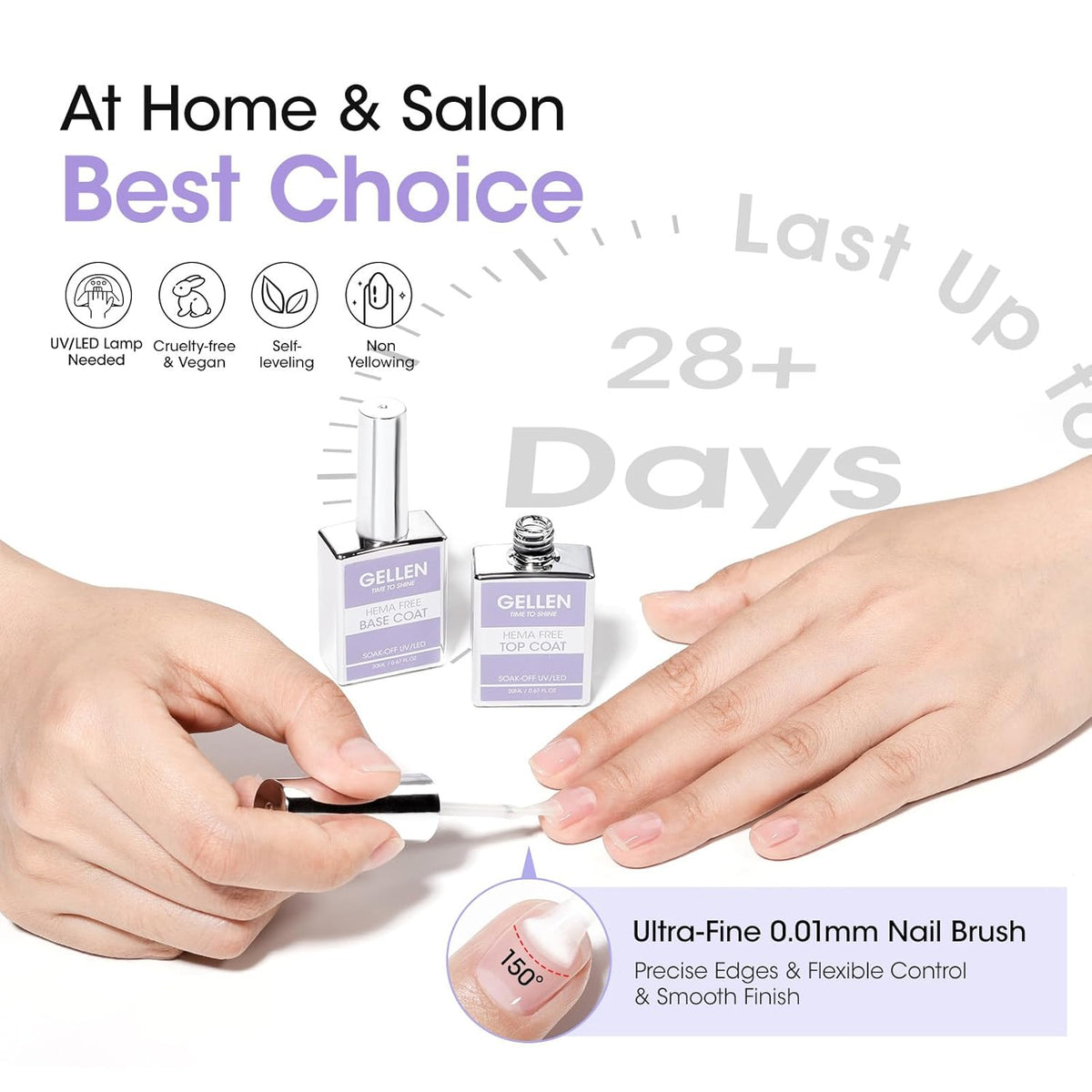 GELLEN 20ml Gel Base and Top Coat, Hema-Free Glossy Top Coat and Base Coat for Gel Nail Polish, No
