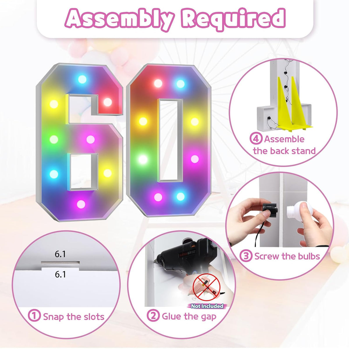 Marquee Numbers 60th-Birthday Decoration: Colorful 3FT Large Light Up 60 Year Old Birthday