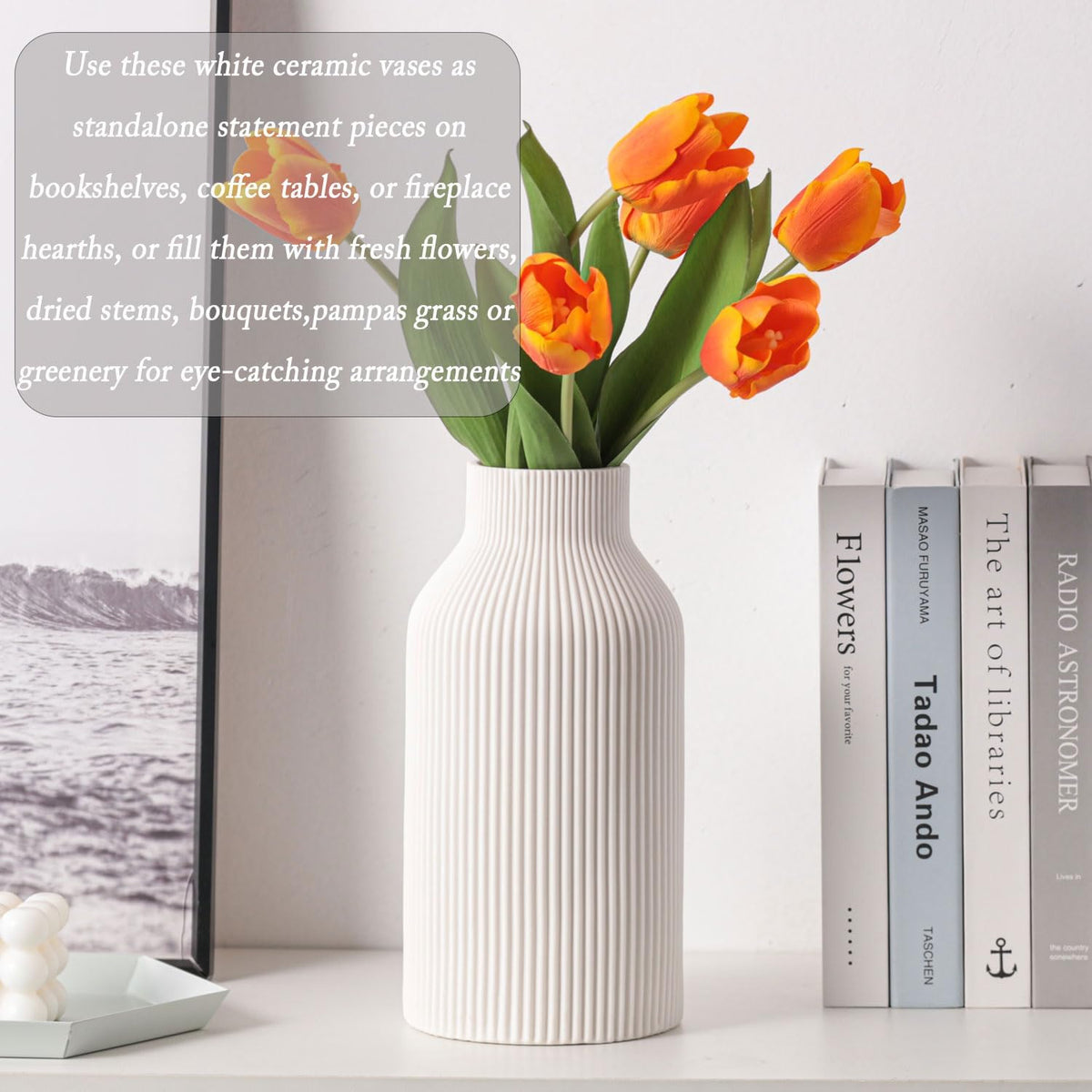 10 Inch White Ceramic Vase for Decor,Minimalist Modern Home Decorative Large Flower Vase for Pampas