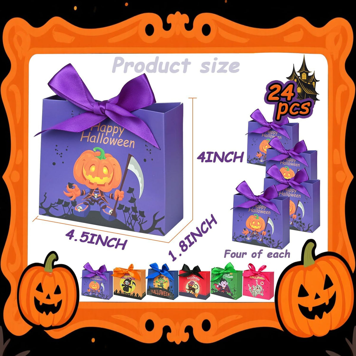 24PCS Halloween Goodies Bags, Trick or Treat Candy Gift Paper Bags Bulk with Ribbons, Halloween