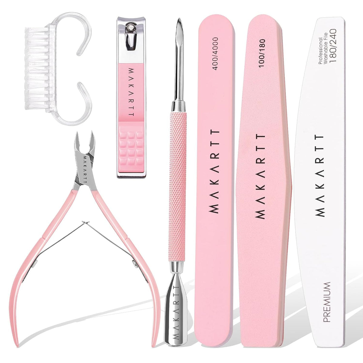 Makartt Nail File and Buffer Set, Pink Basic Prep Kit with Cuticle Clipper, Trimmer, Pusher, Brush
