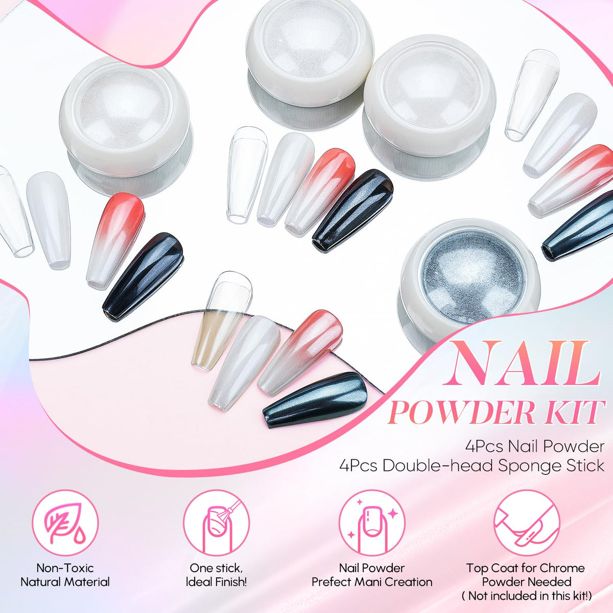 AIMEILI Pearl Chrome Nail Powder, Vegan, Cruelty Free, 4 Colors Aurora Metallic Holographic Mirror