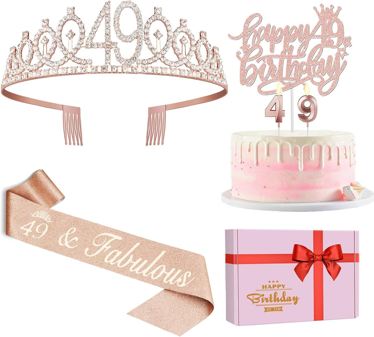 49 Birthday Decorations for Women Including Birthday Sash and Tiara, Cake Topper and Candles, 49