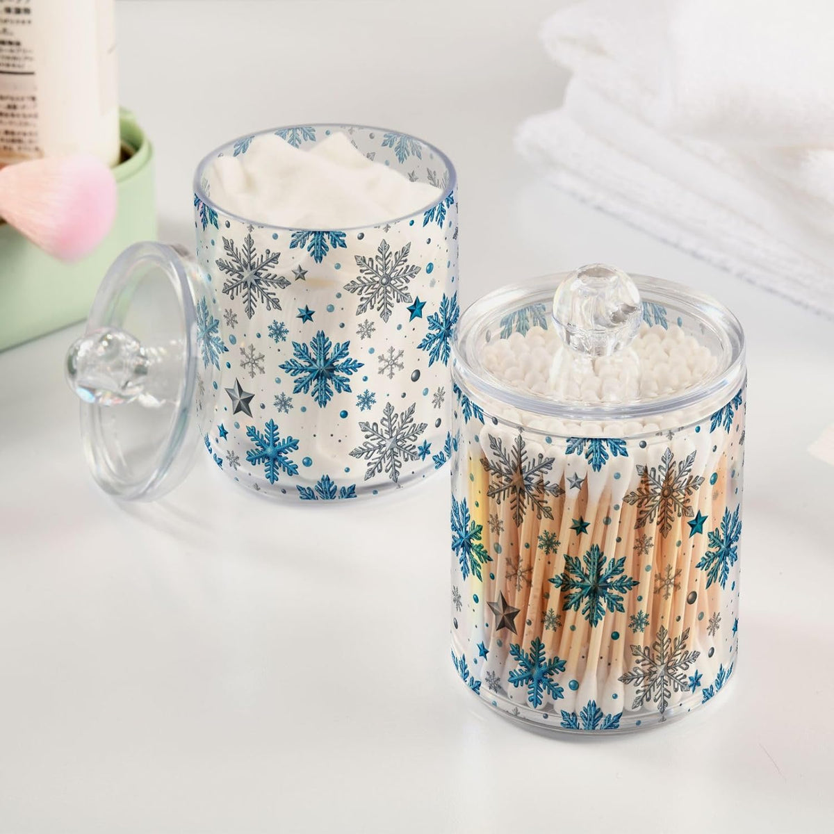 Gredecor Christmas Winter Qtip Holder Dispenser 4 Pack Silver Blue Glitter Snowflakes Apothecary